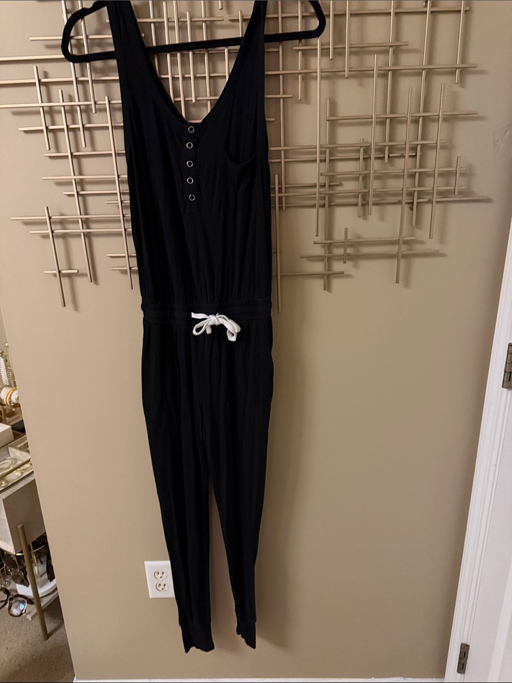 Vici Black Sleeveless Jumpsuit with White Drawstring